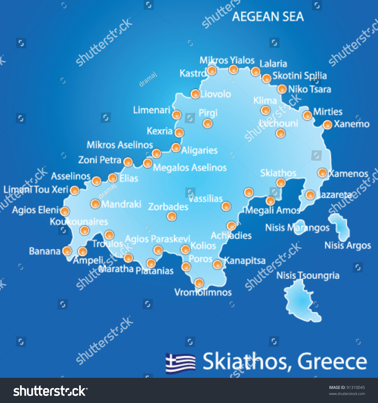 Island Skiathos Greece Map On Blue Stock Vector 91310045 - Shutterstock