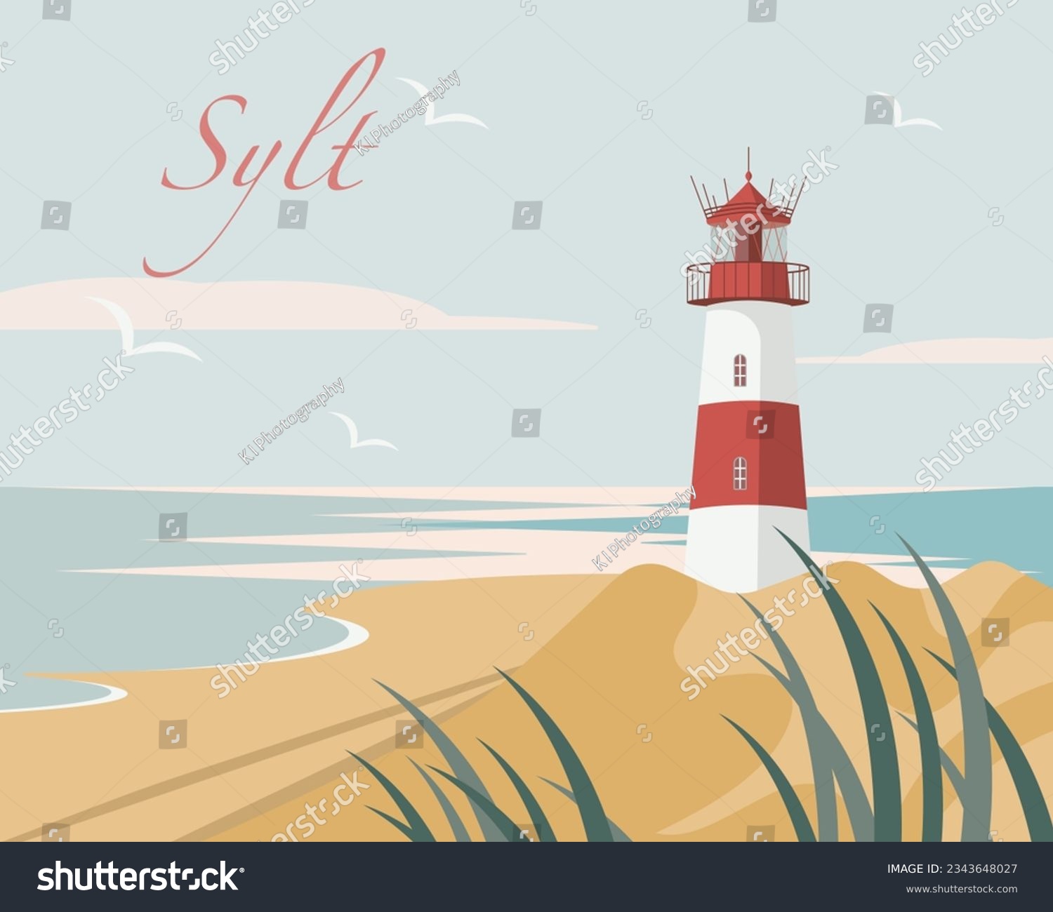 SVG of Island of Sylt in North Friesland, northern Germany. Maritime landscape with lighthouse, beach and dunes in front of the Wadden Sea. Minimalist travel and tourism concept. Hand drawn, vector eps. svg
