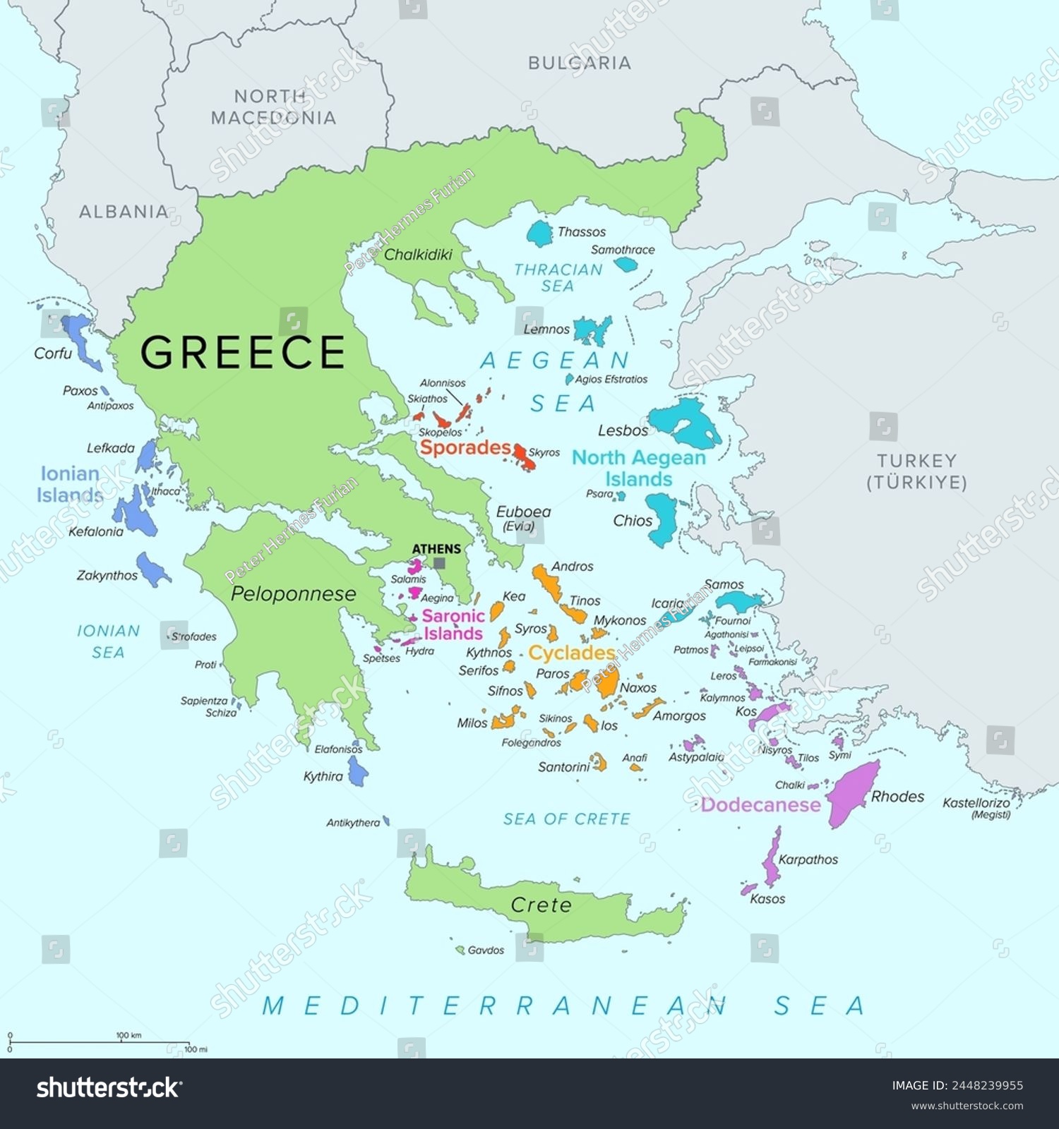 SVG of Islands of Greece, political map. Greek islands groups and clusters. The Cyclades, Dodecanese, Sporades, North Aegean and Saronic Islands lying in the Aegean Sea, the Ionian Islands in the Ionian Sea. svg