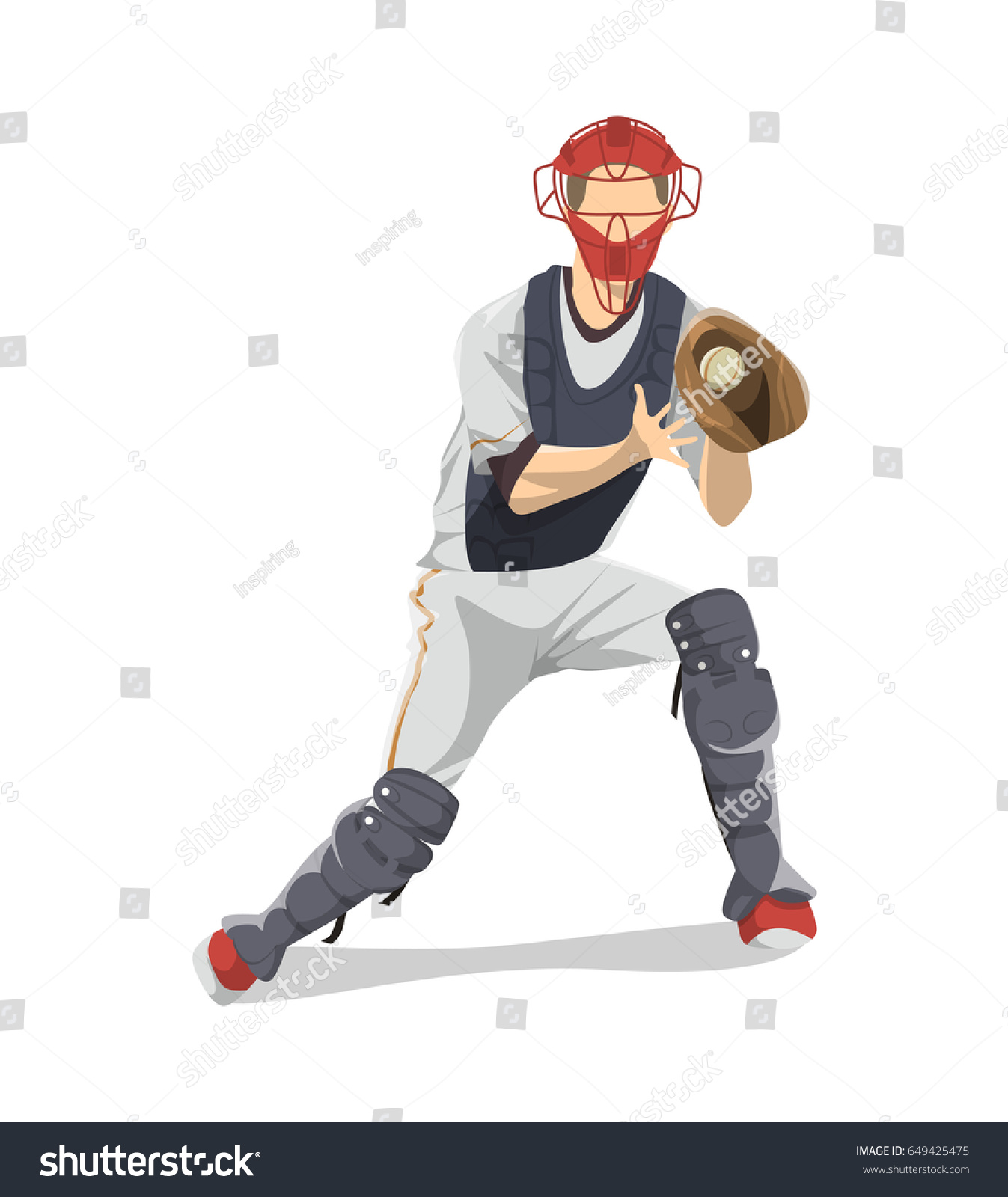 baseball catcher in action, red mask, white uniform clip art preview