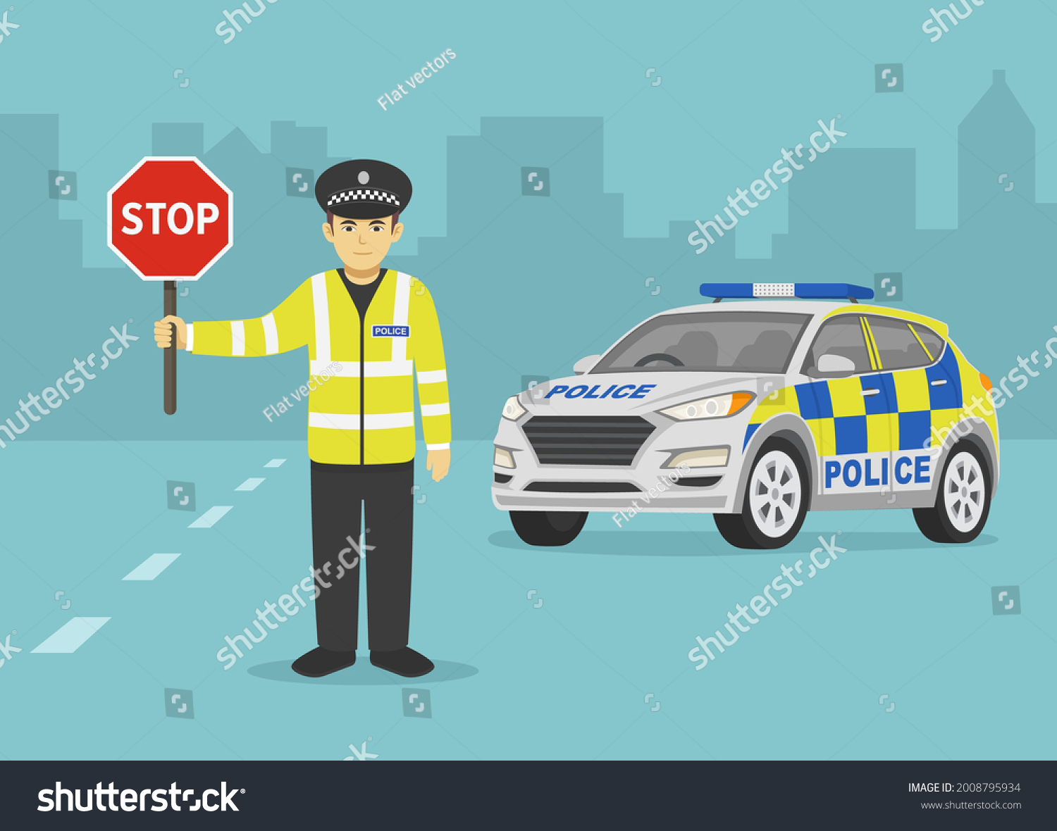 SVG of Isolated british traffic police officer holding a stop sign. Police suv car perspective front view. Flat vector illustration template. svg