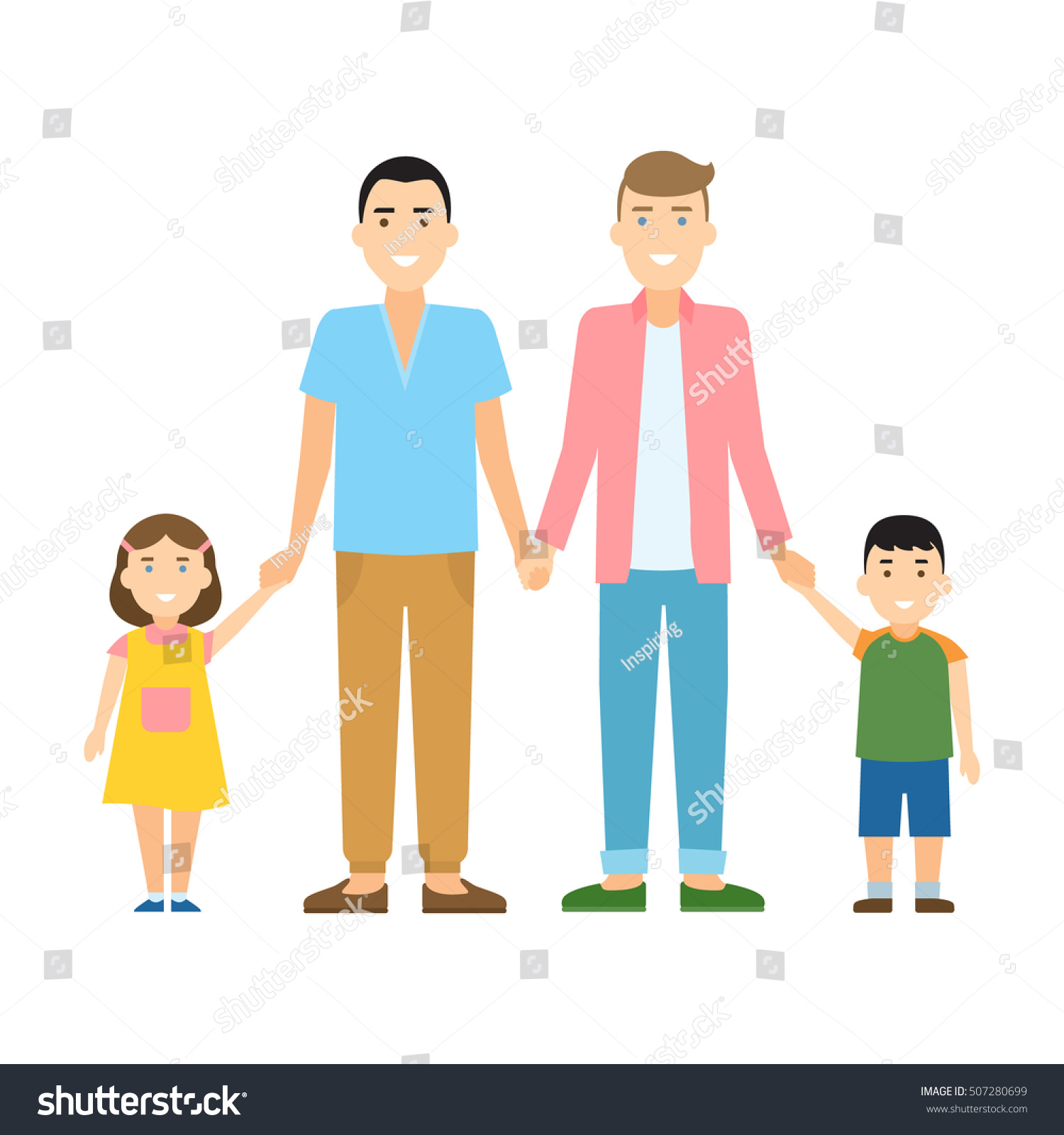 Isolated Gay Family. Two Handsome Cartoon Men With Daughter And Son ...