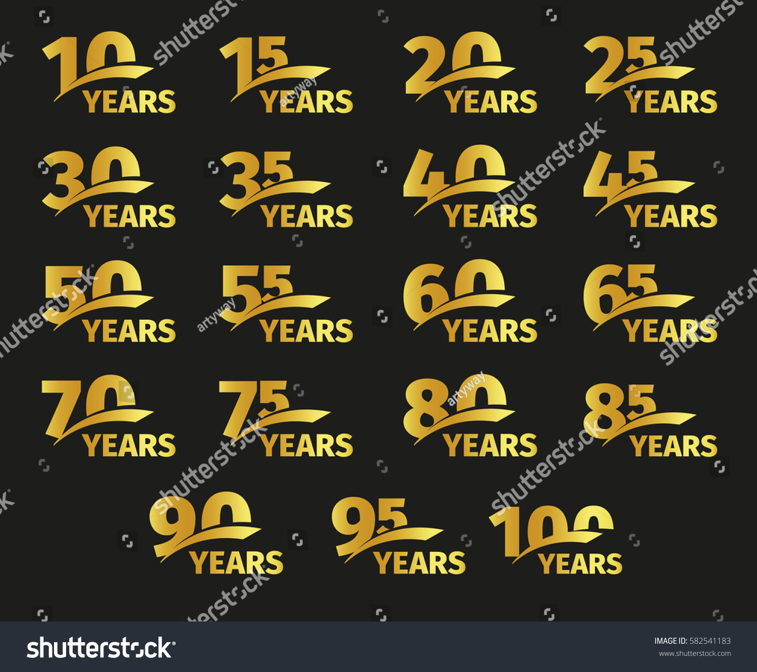 SVG of Isolated golden color numbers with word years icons collection on black background, birthday anniversary greeting card elements set vector illustration svg