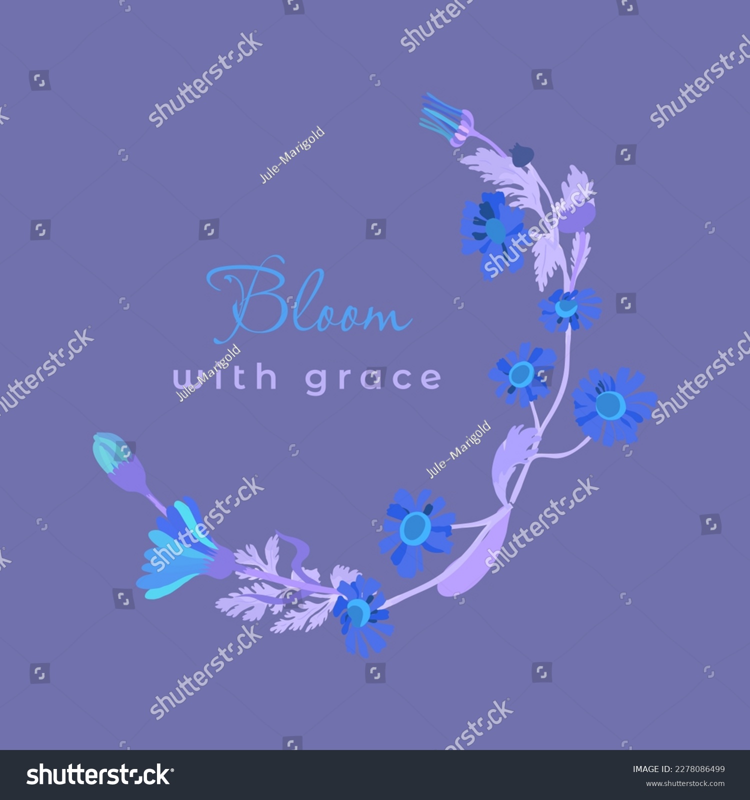 SVG of Isolated half-wreath with blue-lilac-turquoise-colored daisy flowers. Abstractly colored flower parts are isolated on a violet background. Words bloom with grace in the center. svg