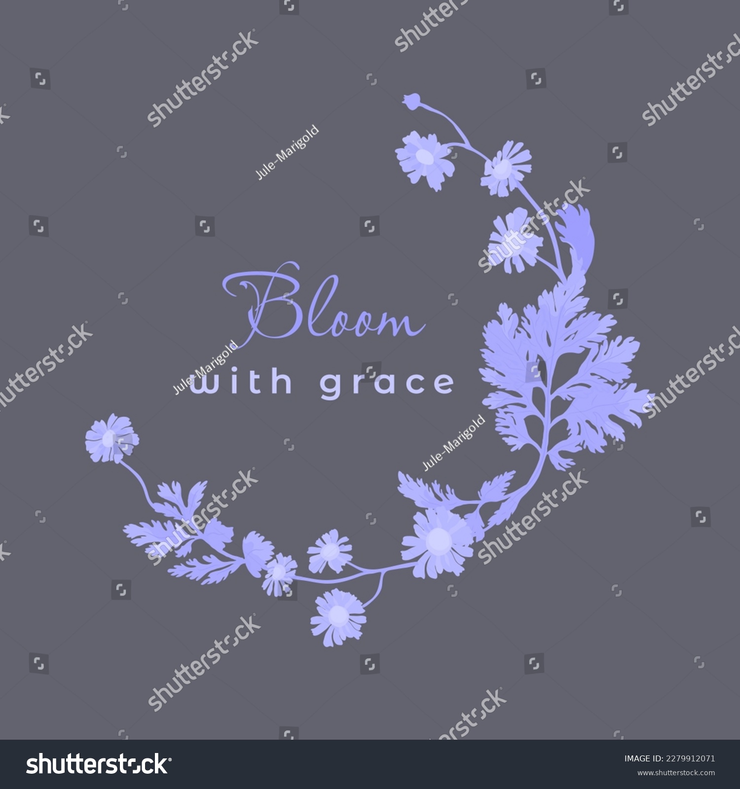 SVG of Isolated half-wreath with blue-white-colored camomile flowers. Two-colored flower parts are isolated on a darker background. Words bloom with grace in the center. svg