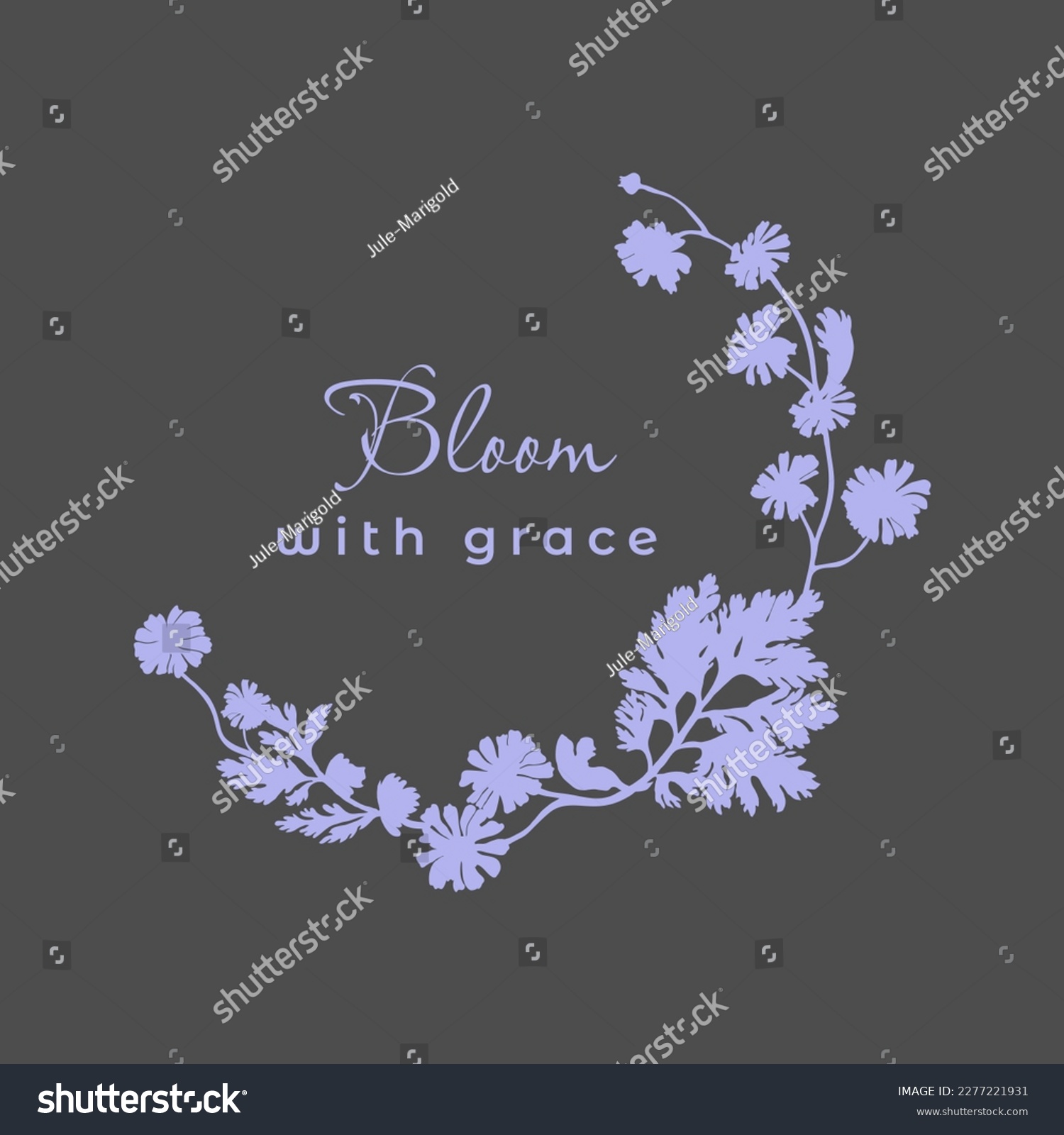 SVG of Isolated half-wreath with two-color daisy flowers. Violet flower parts are isolated on the dark background. Words bloom with grace in the center. svg