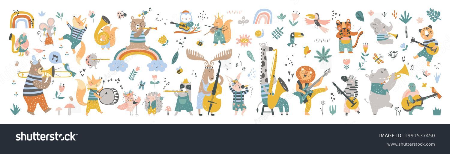 SVG of Isolated set with cute animals playing on different music instruments in Scandinavian style. Cartoon animals playing music. Ideal kids design, for fabric, wrapping, textile, wallpaper, apparel svg