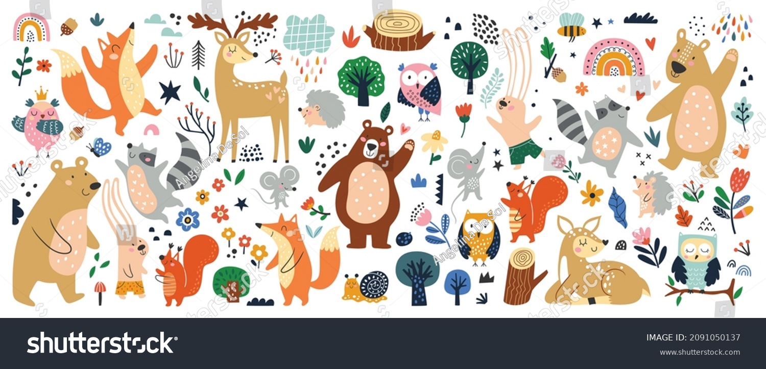 SVG of Isolated set with cute woodland forest animals in cartoon style. Ideal kids design, for fabric, wrapping, textile, wallpaper, apparel svg