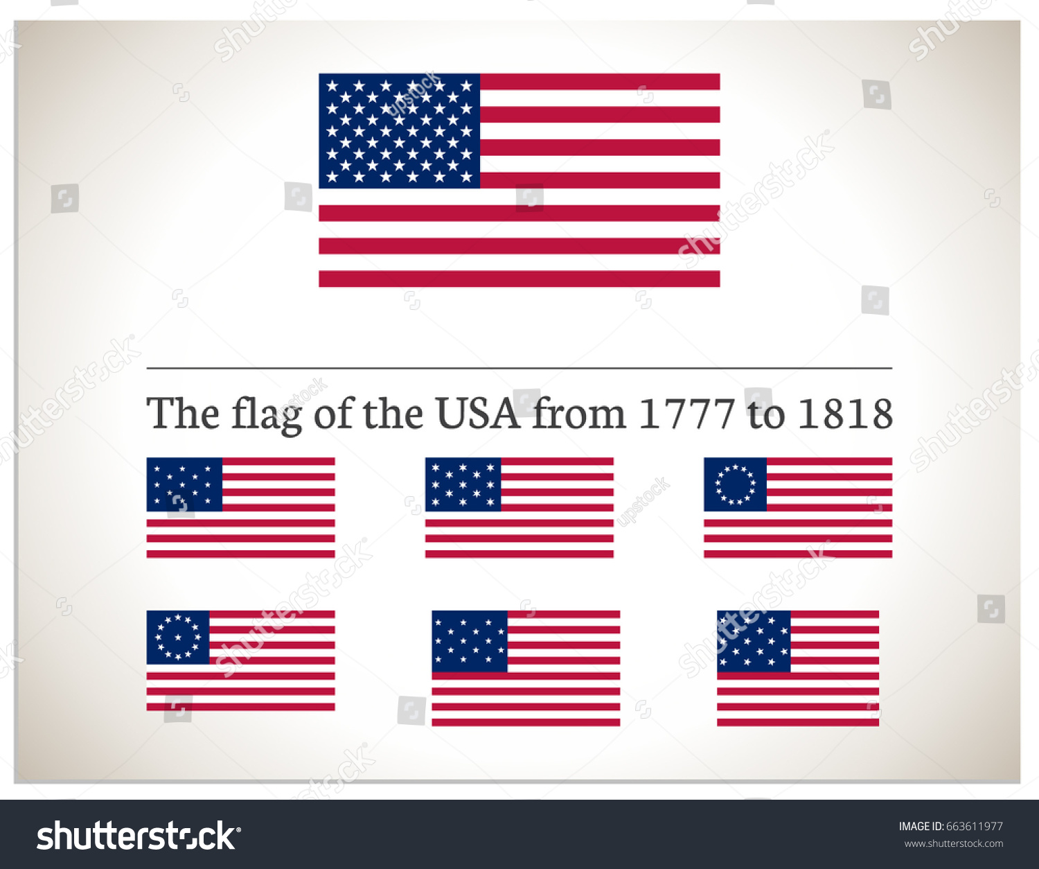SVG of Isolated vector illustration, which consists of the US flag used now and the flags of the USA from 1777 to 1818. Set of 7 vector symbols for the Independence Day in America for print and web svg