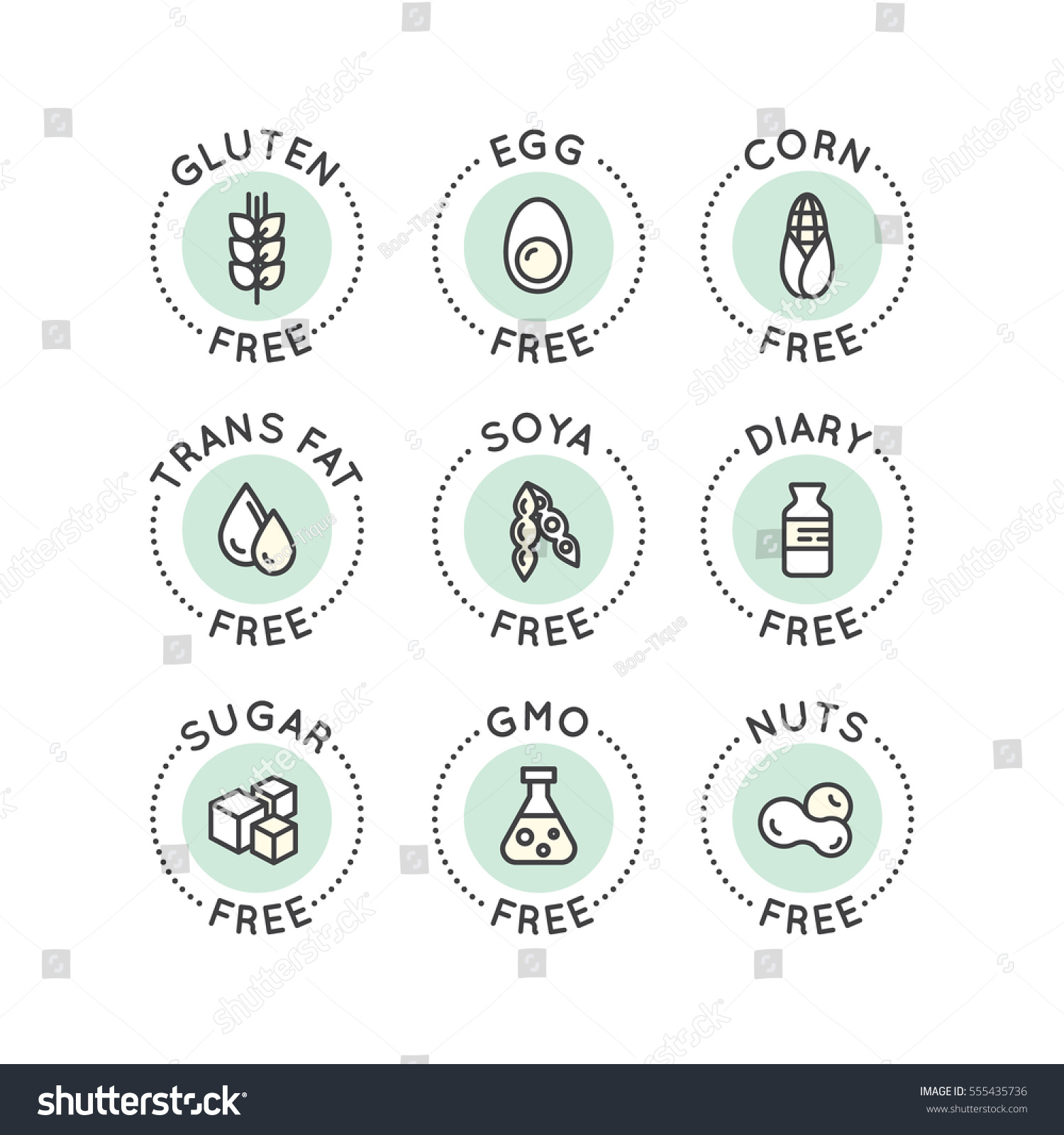SVG of Isolated Vector Style Illustration Logo Set Badge Ingredient Warning Label Icons. Allergens Gluten, Lactose, Soy, Corn, Diary, Milk, Sugar, Trans Fat. Vegetarian and Organic symbols. Food Intolerance svg