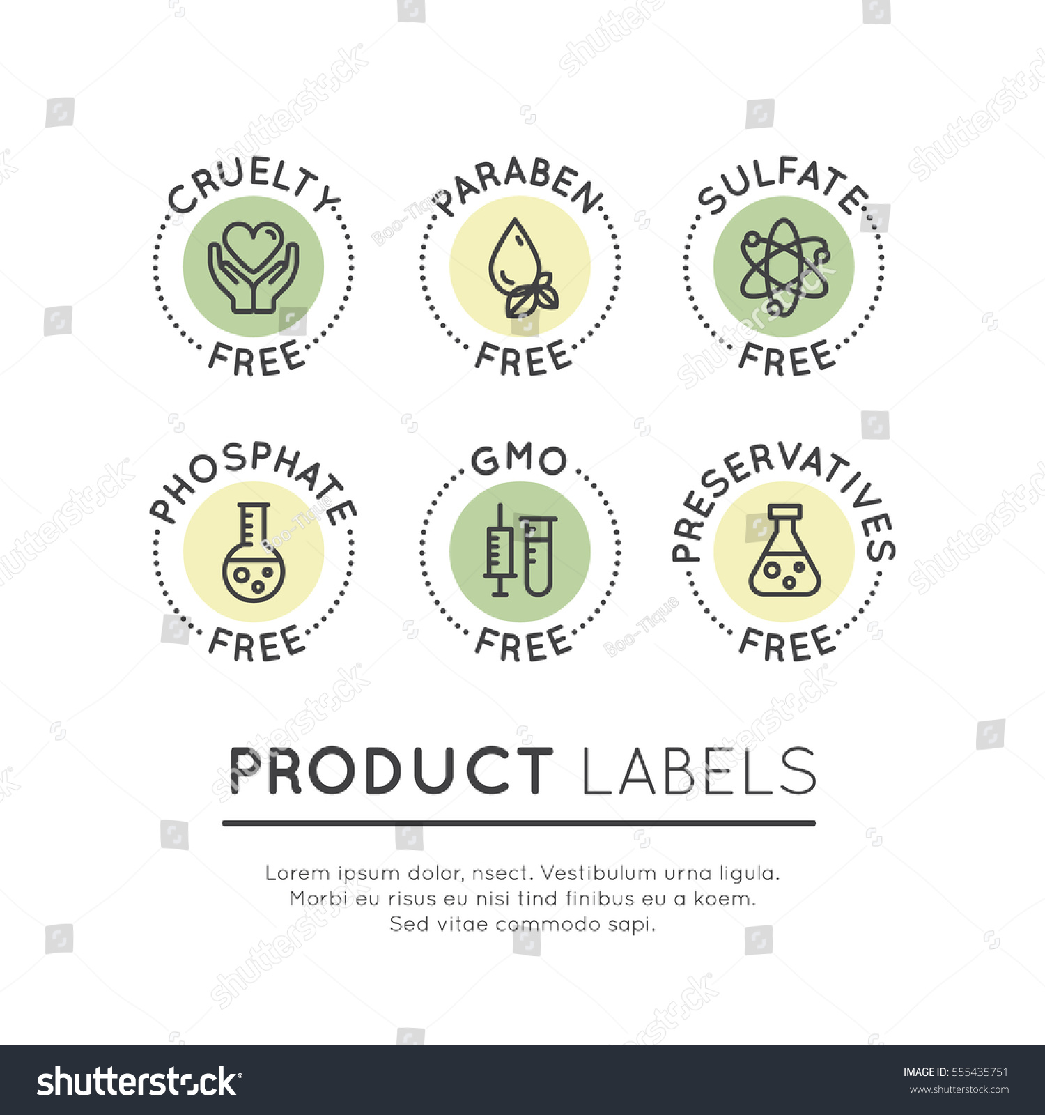 SVG of Isolated Vector Style Illustration Logo Set Badge Ingredient Warning Label Icons. GMO, SLS, Paraben, Cruelty, Sulfate, Sodium, Phosphate, Silicone, Preservative Free Organic Product Stickers svg