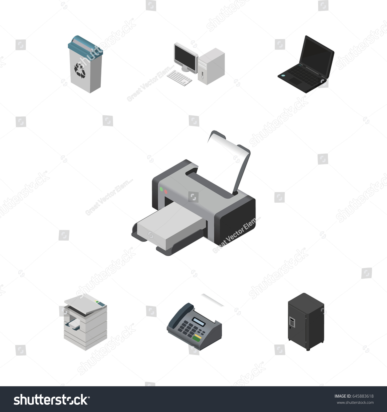 Isometric Cabinet Set Strongbox Computer Garbage Stock Vector