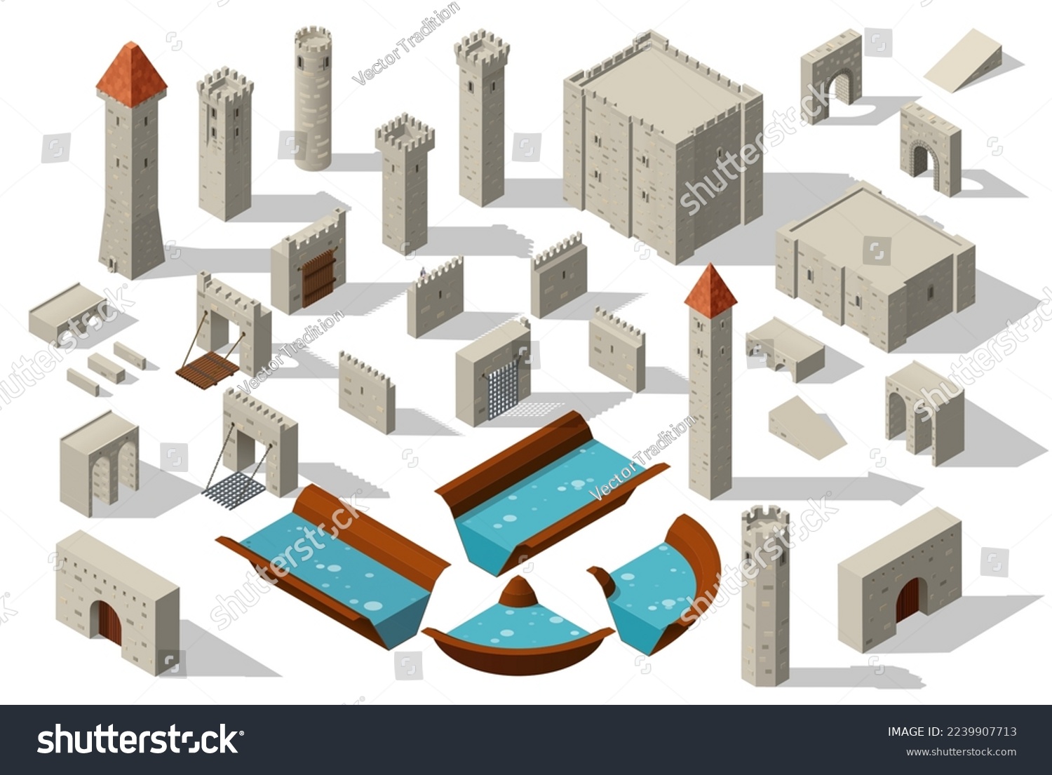 SVG of Isometric castle tower with wall bridge and moat, vector fortress building. Medieval fort constructor or ancient castle and citadel palace architecture elements of fortification wall, tower and gates svg
