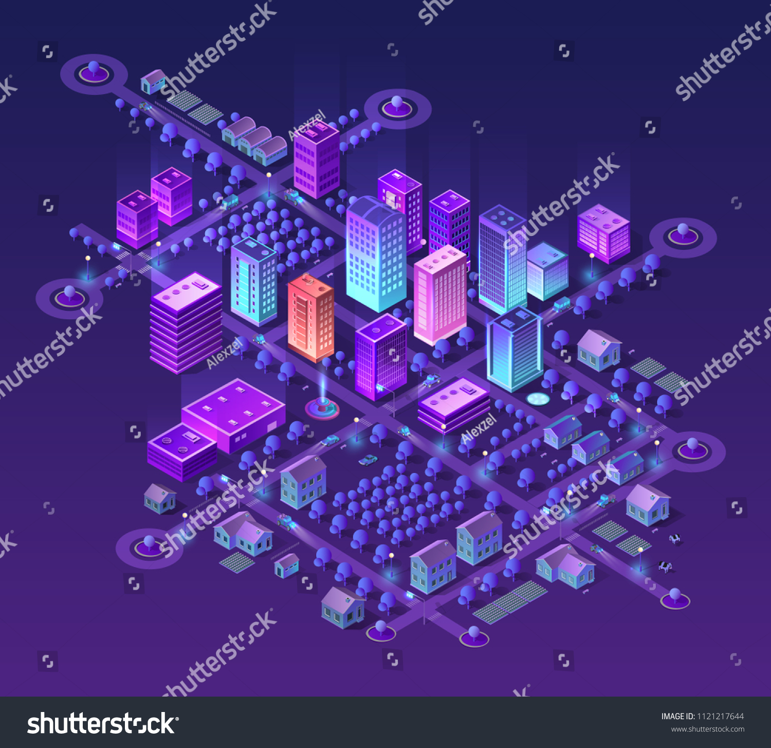 紫色の都市のセット3d建物現代の町並み 都市道路建築 ビジネスデザインコンセプトのアイソメトリックの紫外線イラストマップ のベクター画像素材 ロイヤリティフリー