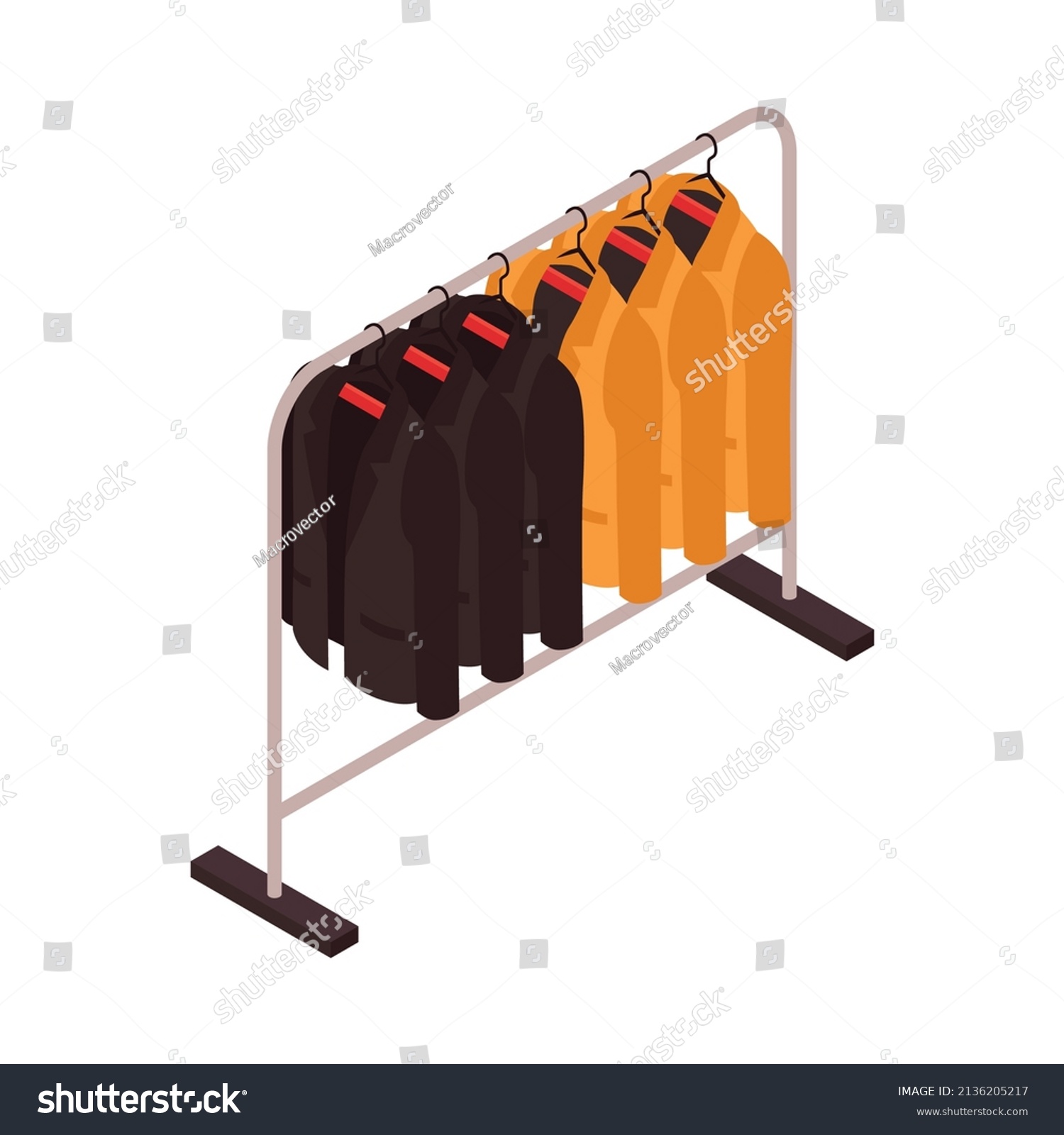 recommend clip art: Isometric clothing store shopping composition with colorful jackets hanging on rail stand vector illustration