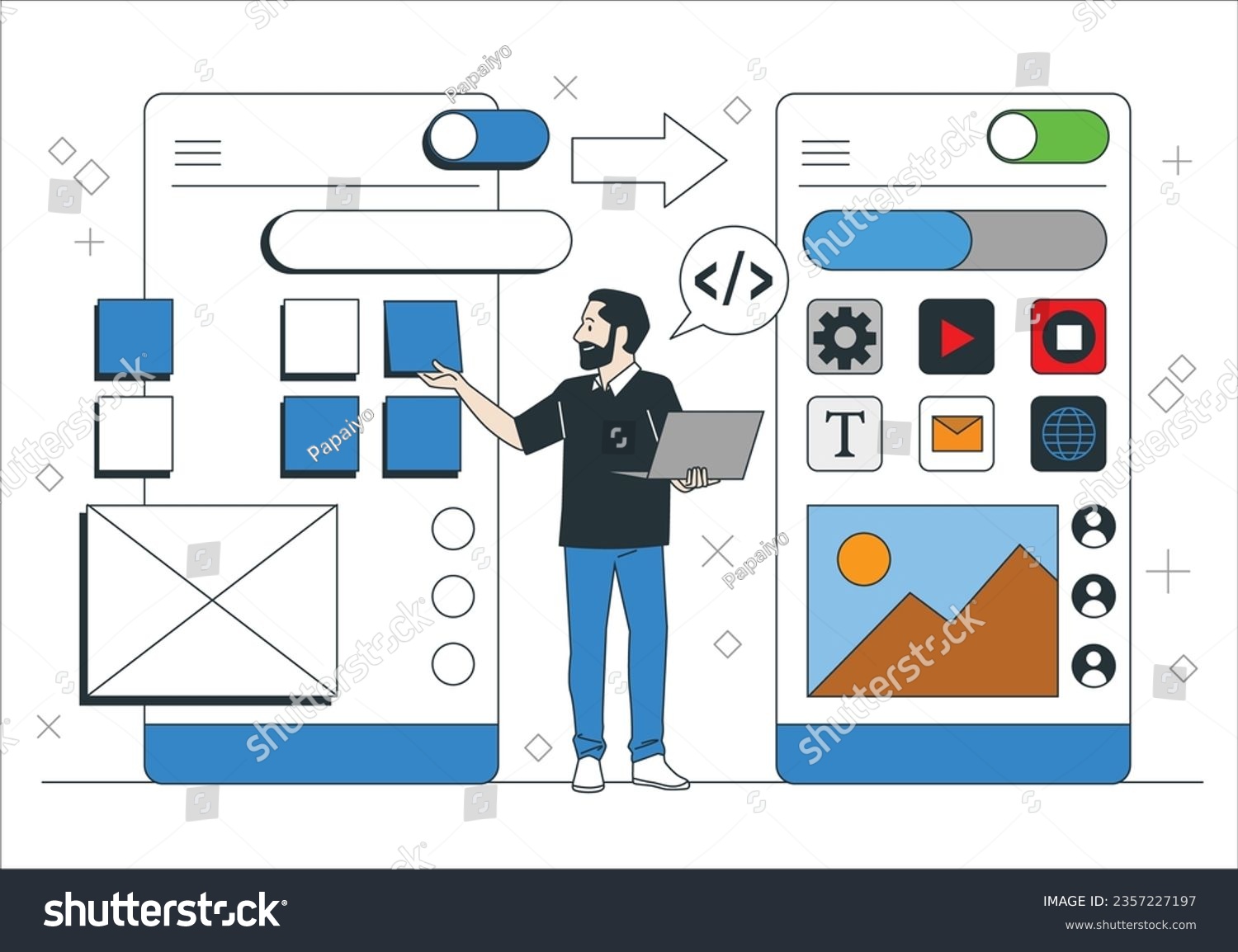 SVG of Isometric concept a young man creates a custom design for a mobile application, Ui UX design. Landing page template for the site. Hands are working on website or application, ui ux design. 2409 svg