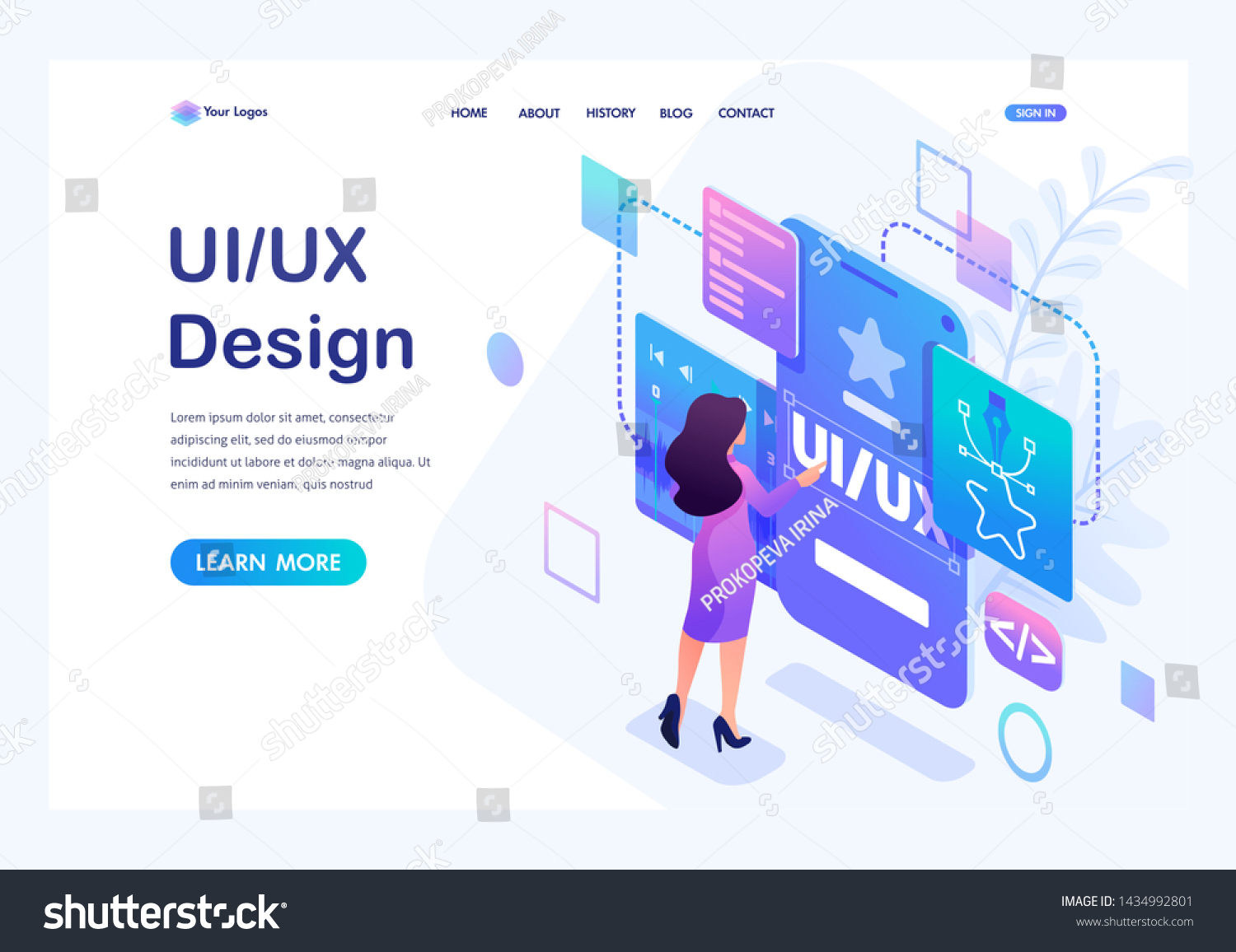 SVG of Isometric concept a young woman creates a custom design for a mobile application, Ui UX design. Landing page template for the site svg