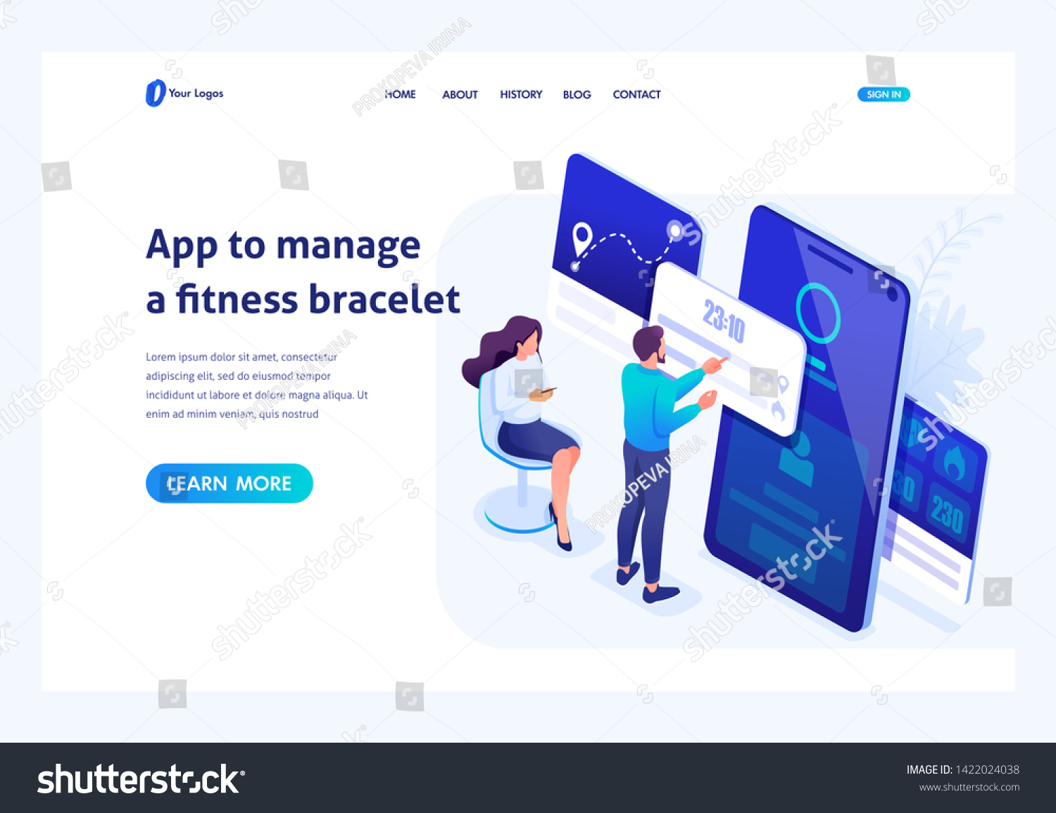 SVG of Isometric concept Young People are working with a fitness bracelet management App. Header concept. Template landing page for website svg