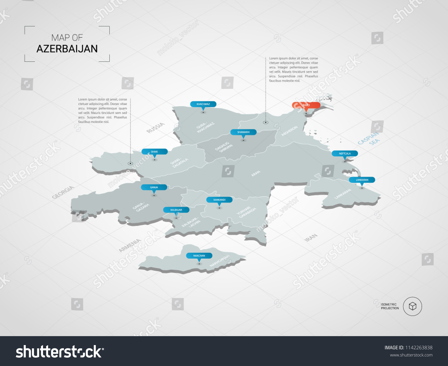 SVG of Isometric  3D Azerbaijan map. Stylized vector map illustration with cities, borders, capital Baku , administrative divisions and pointer marks; gradient background with grid. 
 svg