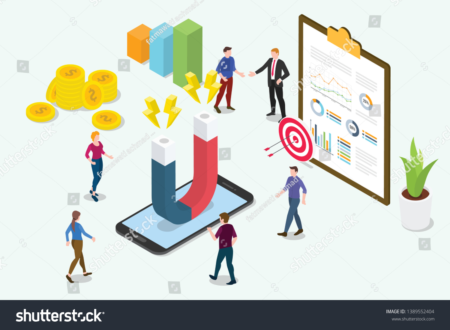 SVG of isometric 3d customer retention marketing concept with team people and magnet with graph chart - vector illustration svg
