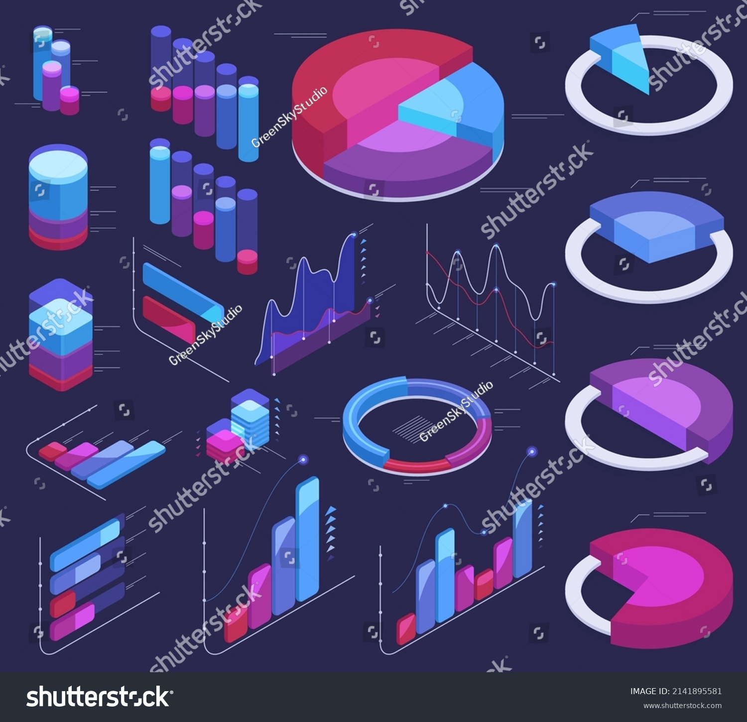 SVG of Isometric data analysis, 3d graphic chart infographic elements. Visual dashboard futuristic charts, statistic diagram vector symbols illustrations set. Business charts elements svg