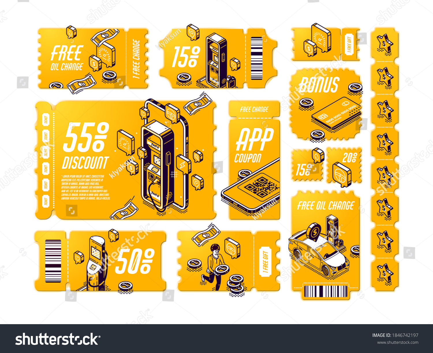 SVG of Isometric discount coupons for free oil change, tear-off gift vouchers for car service, off price certificates with gas station and coins, 3d vector line art tickets, offer for vehicle maintenance set svg