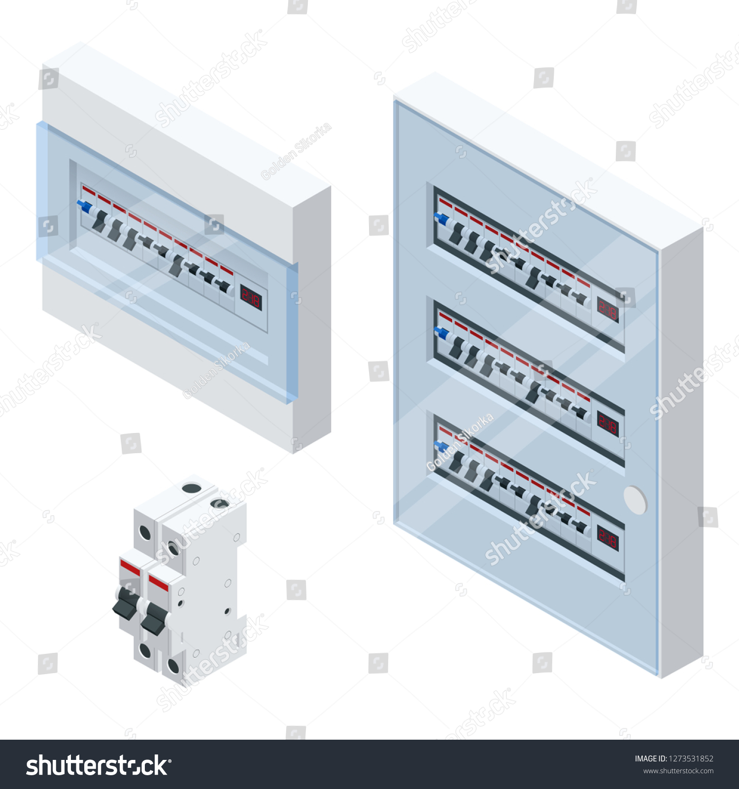 SVG of Isometric Electrical panel with fuses and contactors. Automatic circuit breakers, isolated on white background. Electric fuse. svg