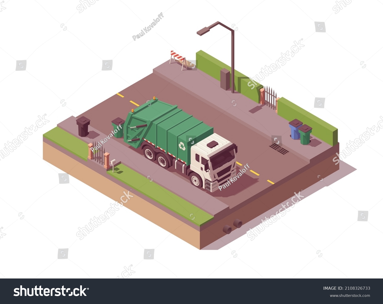 SVG of Isometric garbage truck picking trash on the street. Vector illustration. Collection svg