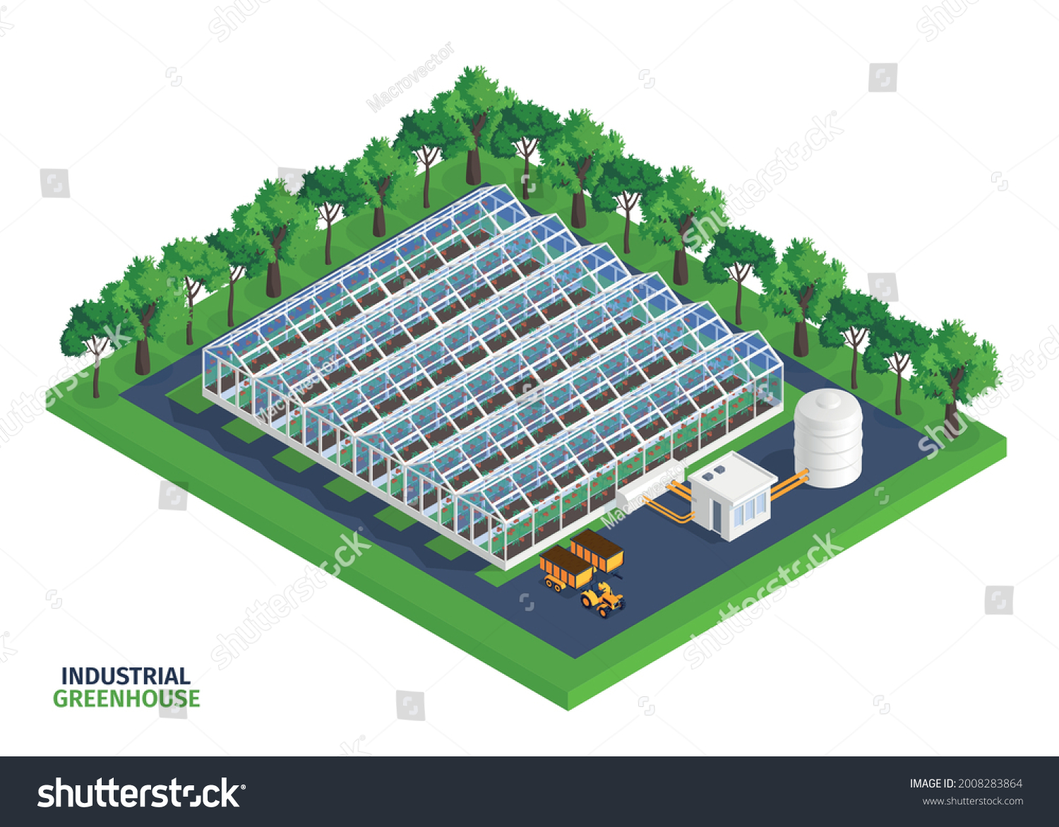 SVG of Isometric greenhouse composition with industrial greenhouse headline and large number of beds inside vector illustration  svg