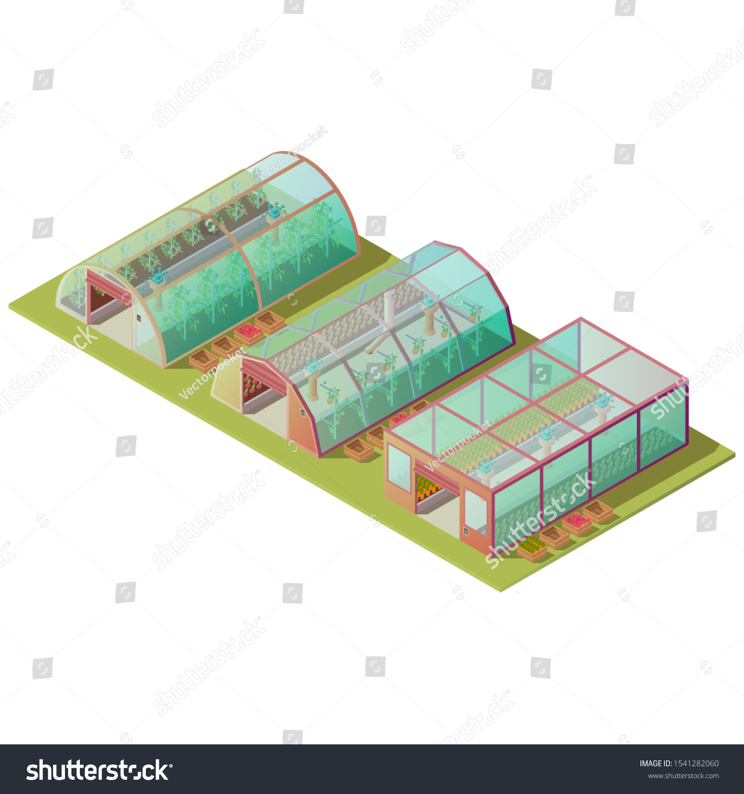 SVG of Isometric greenhouses set, farm hothouse buildings of different shapes for growing plants with glass windows and automatic lifting door isolated on white background. 3d vector illustration, clip art svg