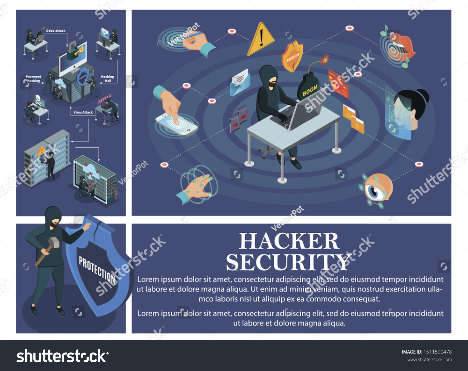Isometric Hacking Attack Composition Elements Biometric Stock Vector