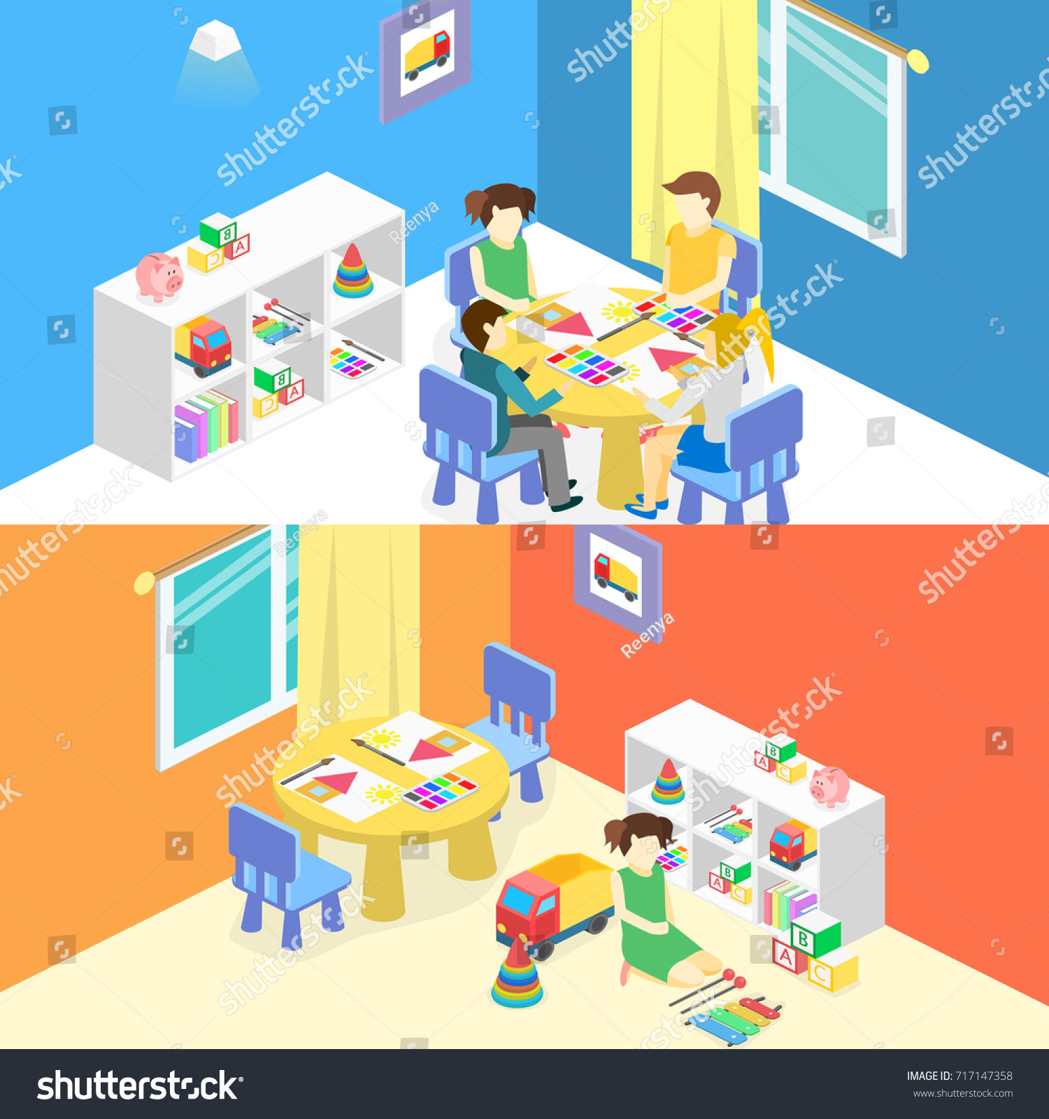 Isometric Interior Room Kindergarten Children Draw Stock