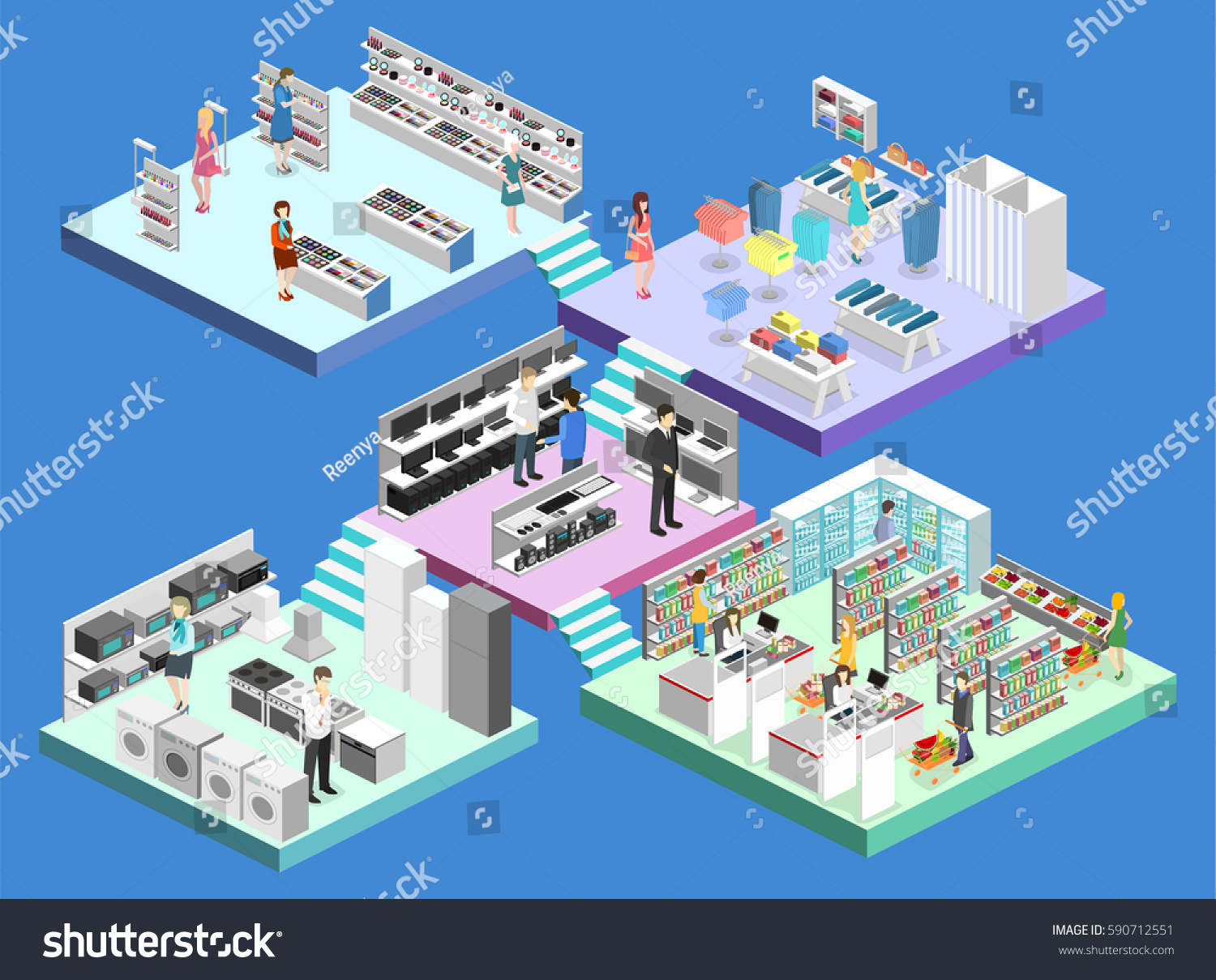 Isometric Interior Shopping Mall Grocery Computer Stock Vector (Royalty ...