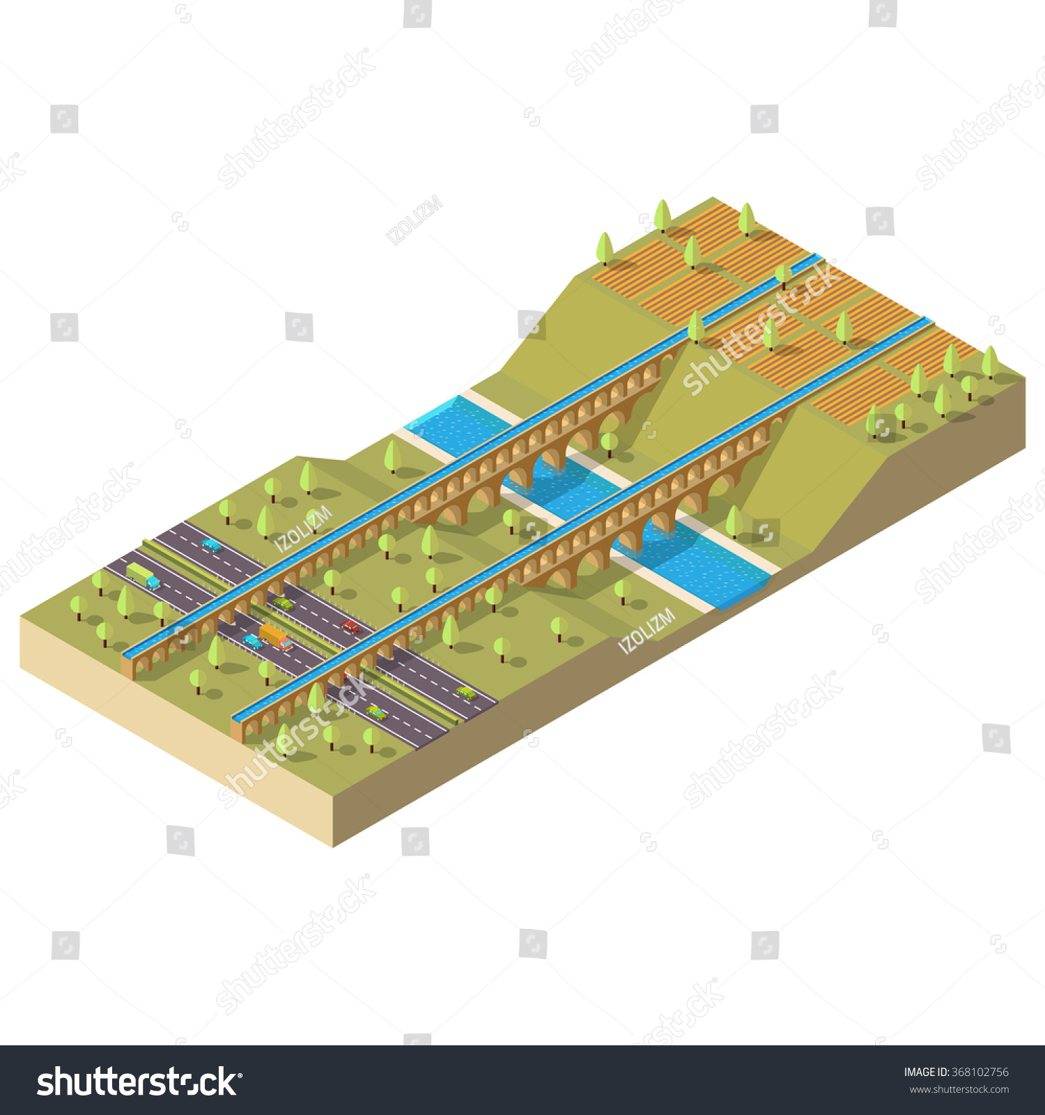 SVG of Isometric landscape: road, aqueduct, river, cars, cypresses. svg