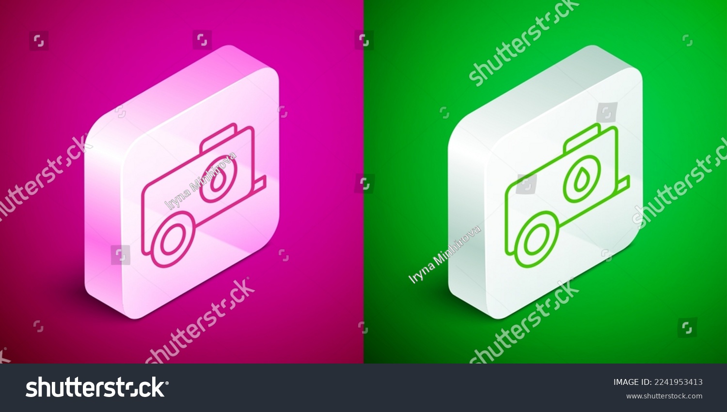 SVG of Isometric line Mobile water tank - bowser icon isolated on pink and green background. Water tank delivering water. Silver square button. Vector svg