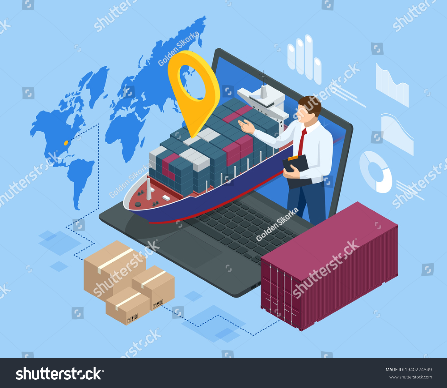 SVG of Isometric Logistics and Delivery Sea Freight. Freight Transportation, Shipping, Nautical Vessel, Container ship svg