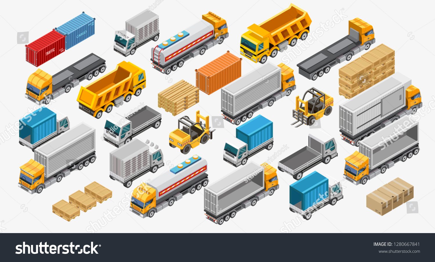 Isometric Logistics Set Forklifts Freight Trucks Stock Vector (Royalty ...