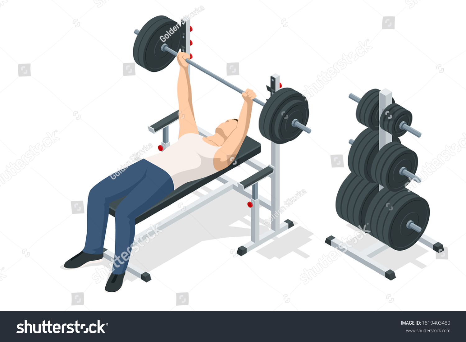 SVG of Isometric Man In Gym Exercising On The Bench Press. Sports and healthy lifestyle svg
