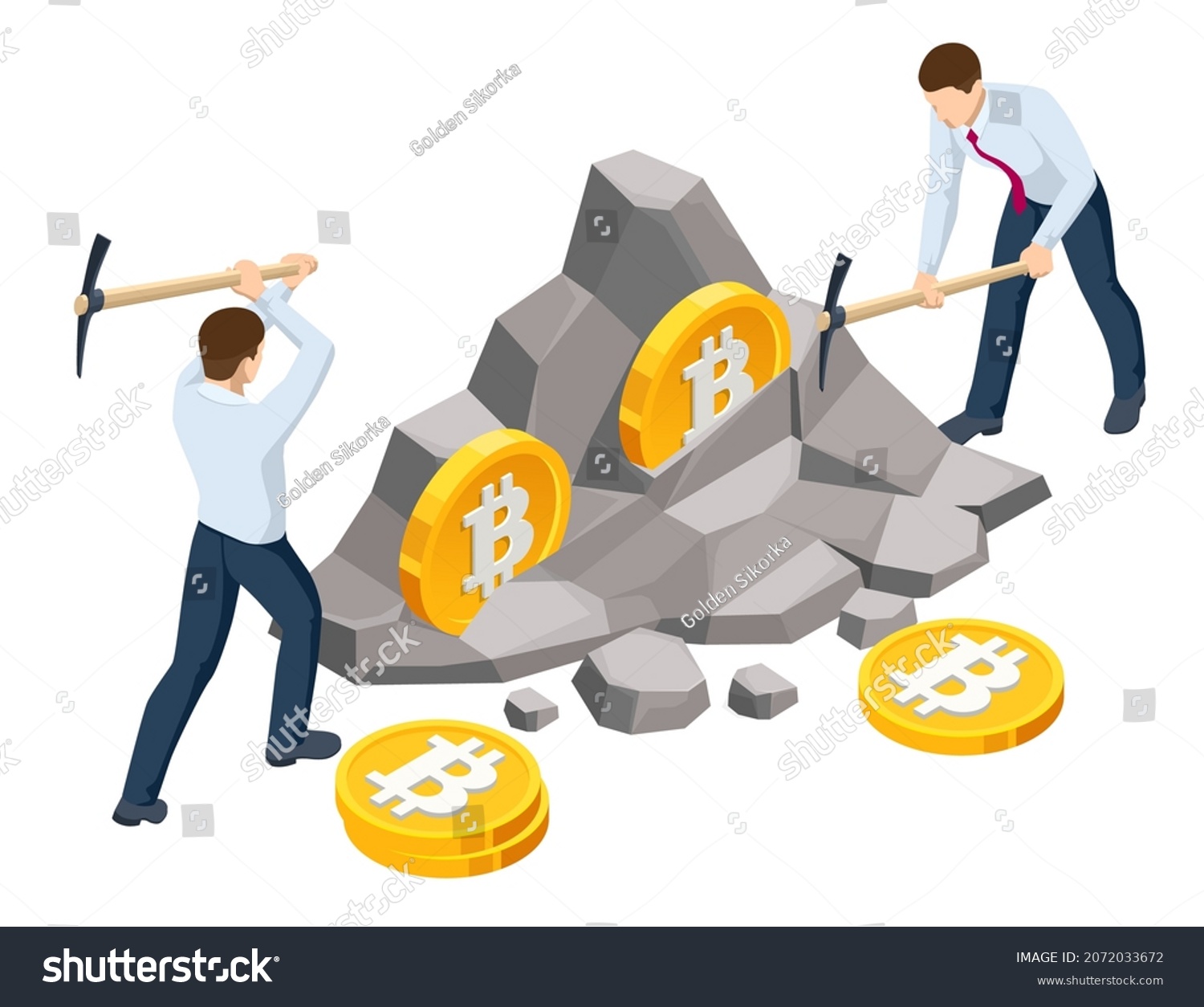 SVG of Isometric miner is digging on golden bitcoin. Devices and technology for mining cryptocurrency. Machines for mining cryptocurrency. svg