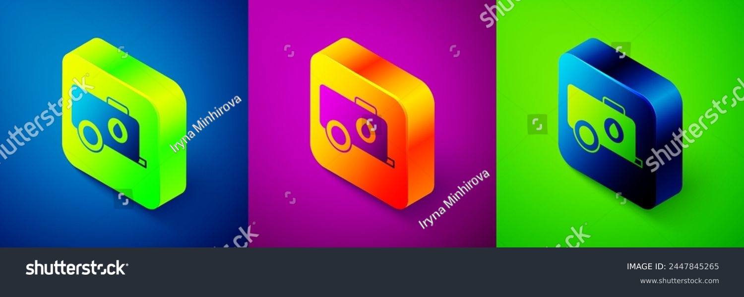 SVG of Isometric Mobile water tank - bowser icon isolated on blue, purple and green background. Water tank delivering water. Square button. Vector svg