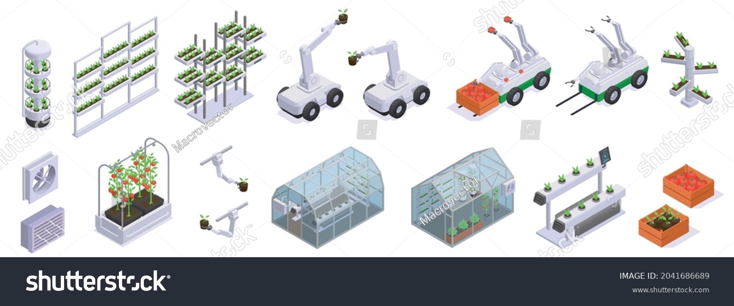 SVG of Isometric modern greenhouse icon set beds smart shelves greenhouse building robots and harvesting process vector illustration svg