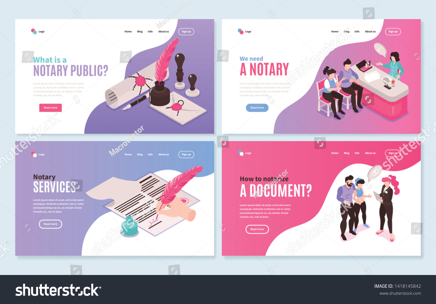 SVG of Isometric notary services horizontal banners collection with clickable links buttons and images of people and documents vector illustration svg