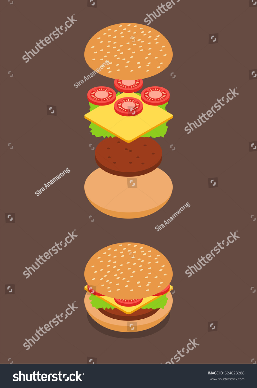 Isometric Burger Ingredients Vector Illustration Stock Vector Royalty Free 524028286 