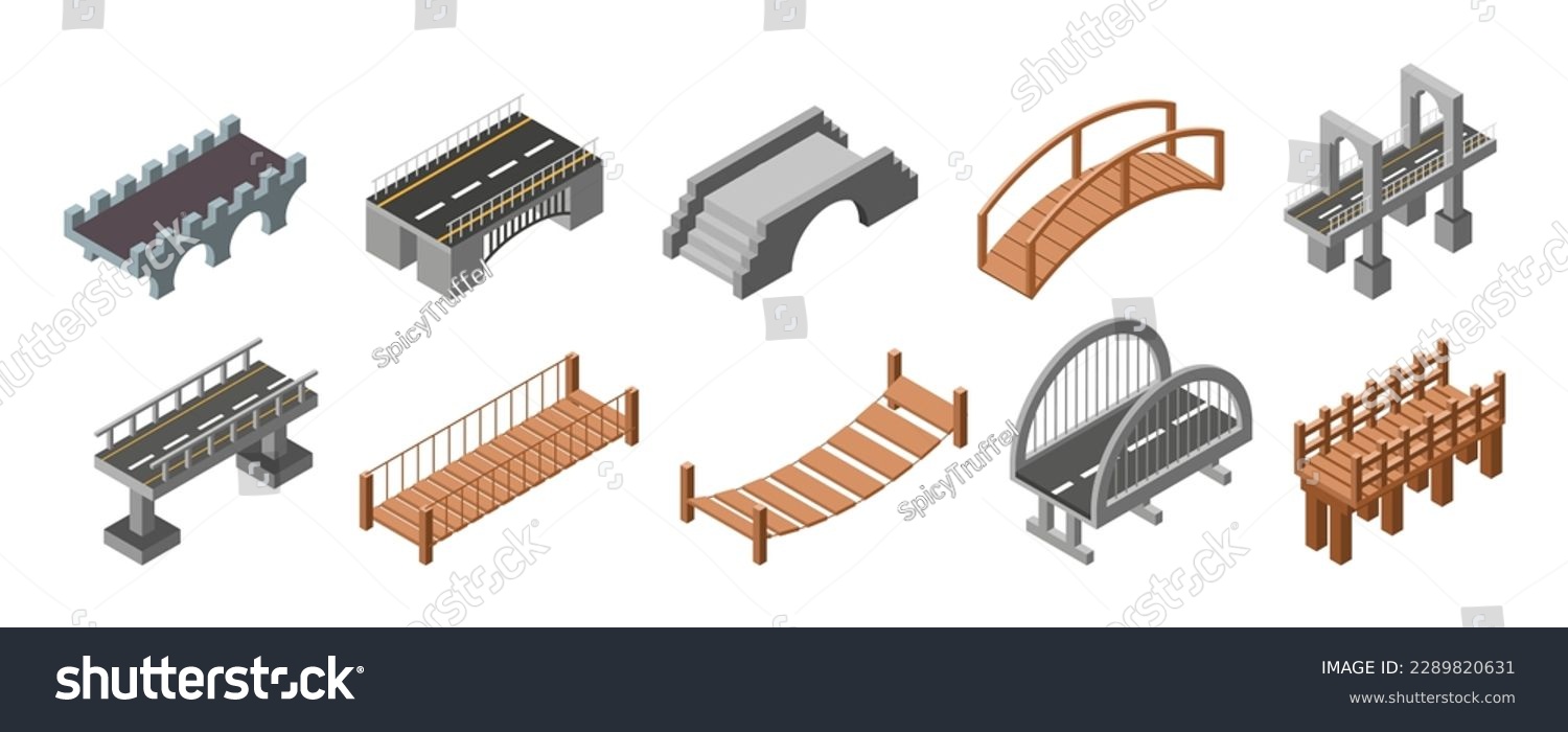 SVG of Isometric river roads. Canal bridges. Tower engineering. Modern water highway and landmark. Building construction. Wooden and stone footbridges. Vector illustration cityscape elements set svg