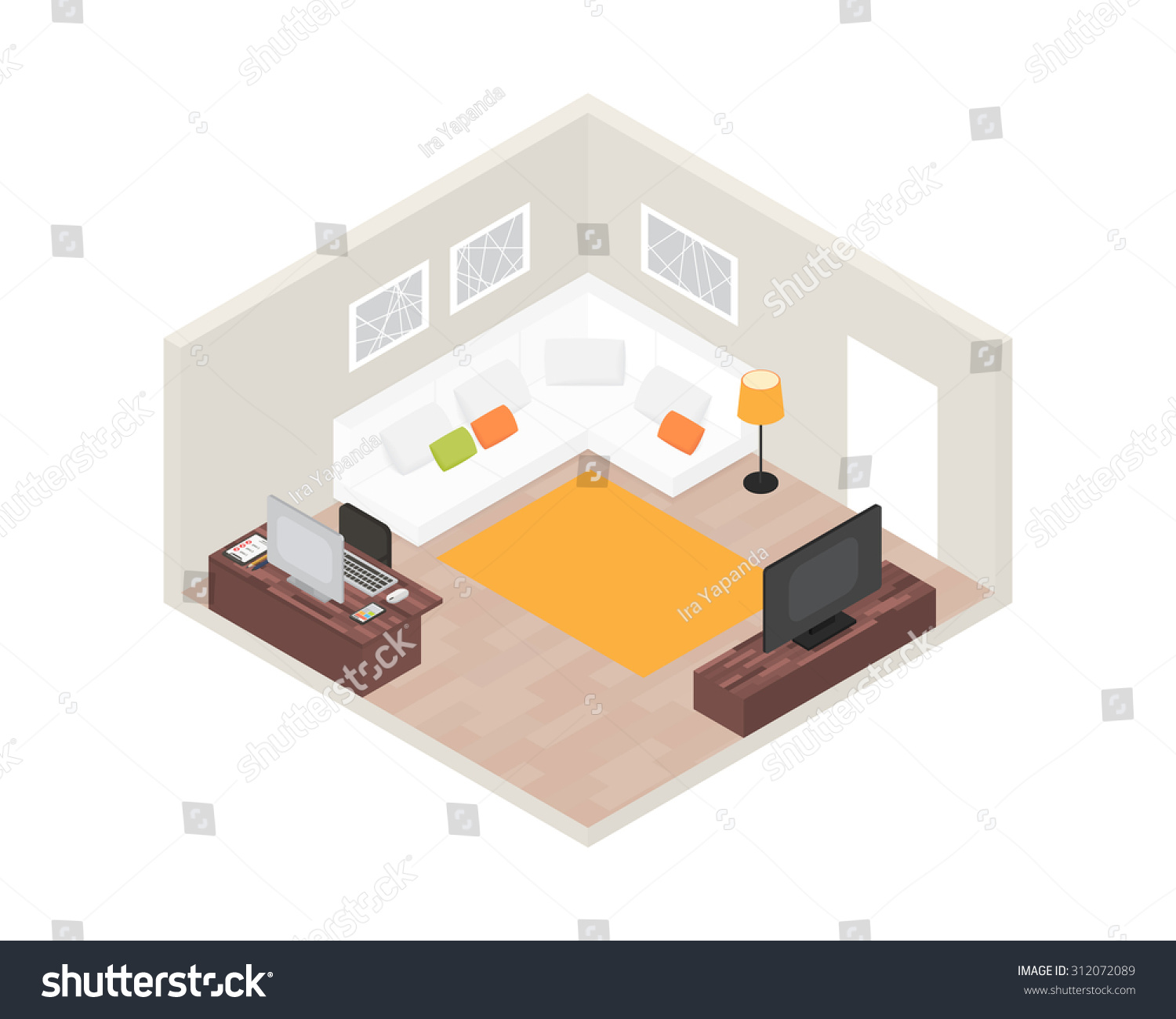 Isometric Room Interior Computer Furniture 3d Stock Vector