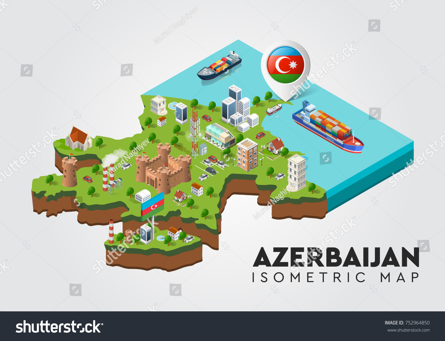 SVG of Isometric set Azerbaijan map 3D city three-dimensional summer town quarter. Skyscrapers, apartment, office, houses and streets with urban traffic movement of the car with trees and nature Baku city svg