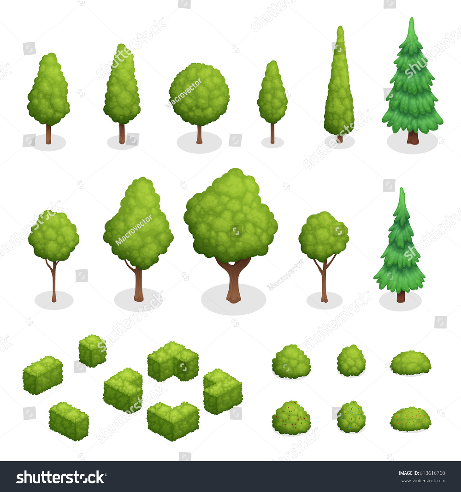 SVG of Isometric set of park plants with green trees and bushes of various shapes isolated vector illustration svg