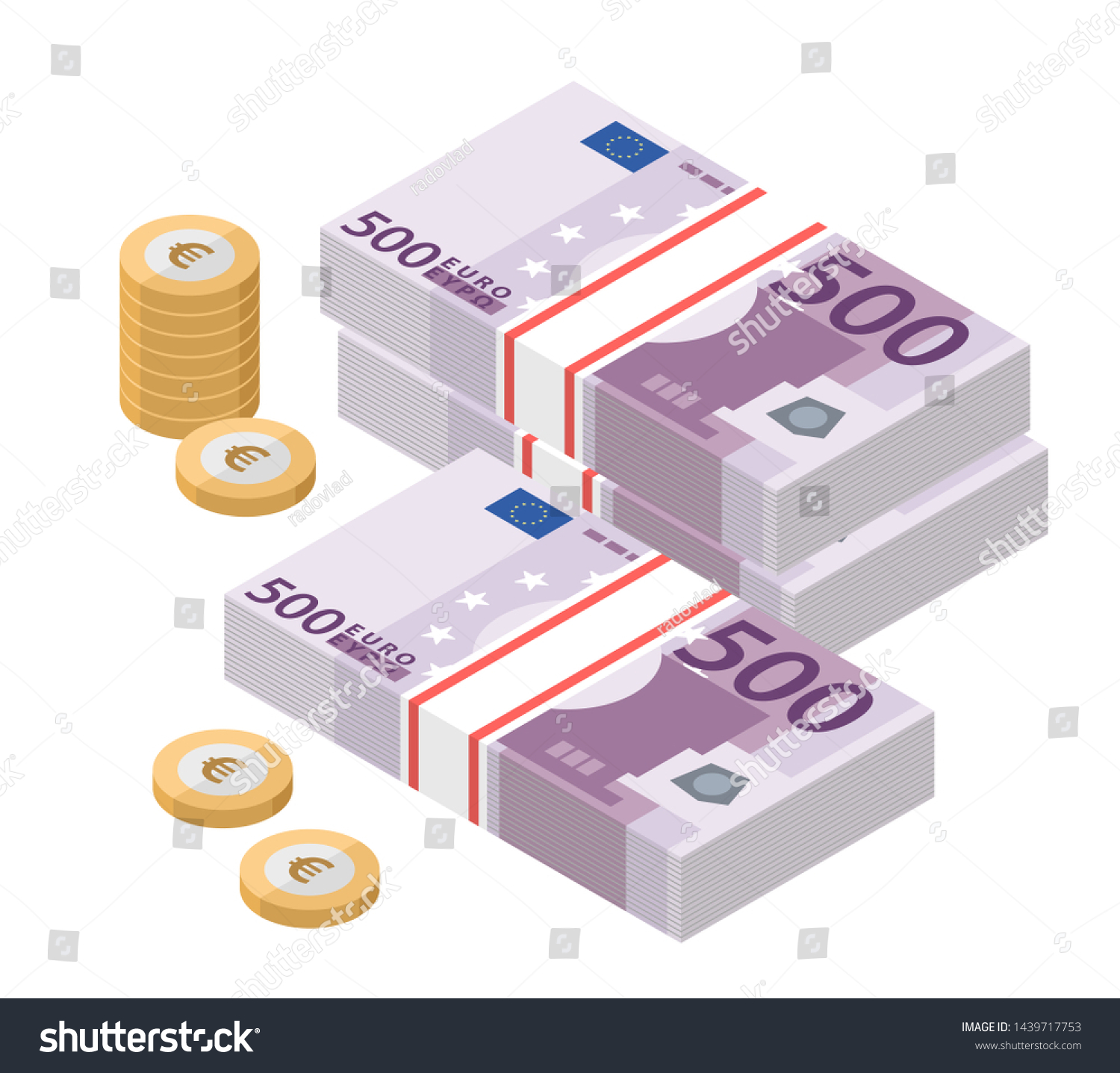 500ユーロ札束の等角投影図 紙幣と硬貨 500札 ヨーロッパ通貨の通貨メモ ベクターイラスト のベクター画像素材 ロイヤリティフリー