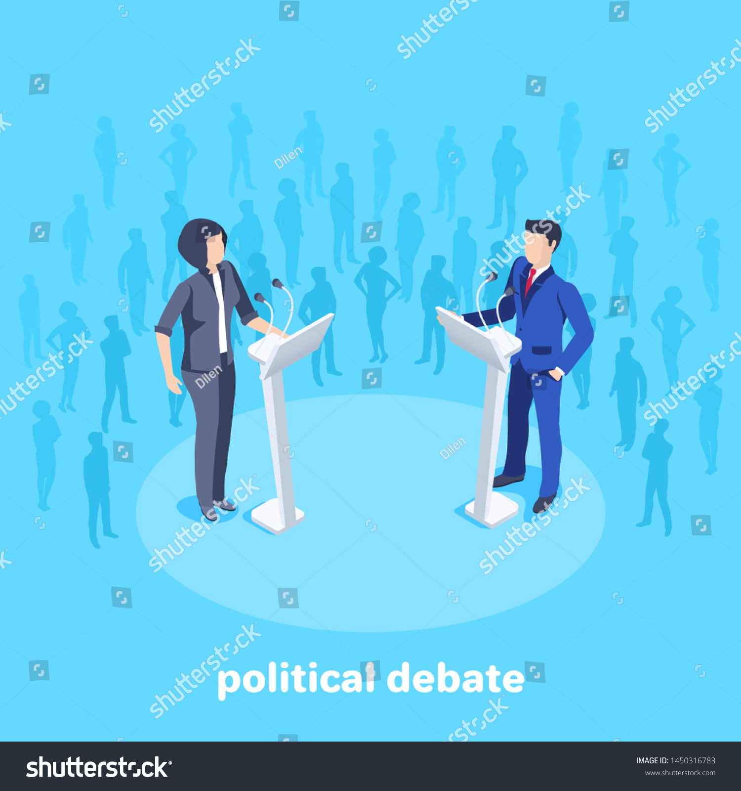 SVG of Isometric vector image on a blue background, woman in business suits stand in front of a microphone on the stage among the spectators, political debates svg