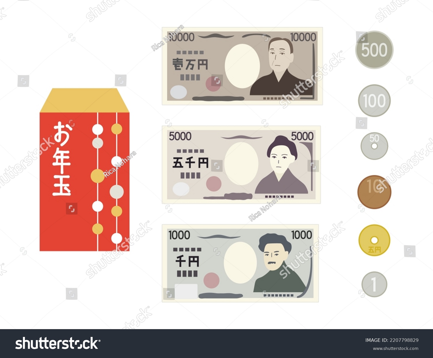 SVG of It is an illustration of Japanese money and a bag to put money in. The text on the right is the amount of money. The text on the bag means money given to children on New Year's Day. svg
